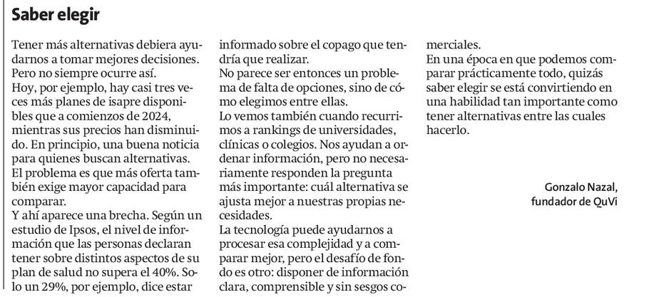 Página de opinión de La Estrella de Arica con la carta Saber elegir, firmada por Gonzalo Nazal