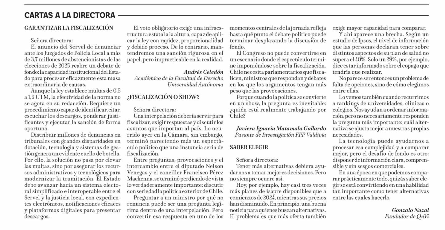 Página de opinión de La Tribuna de Los Ángeles con la carta Saber elegir, firmada por Gonzalo Nazal