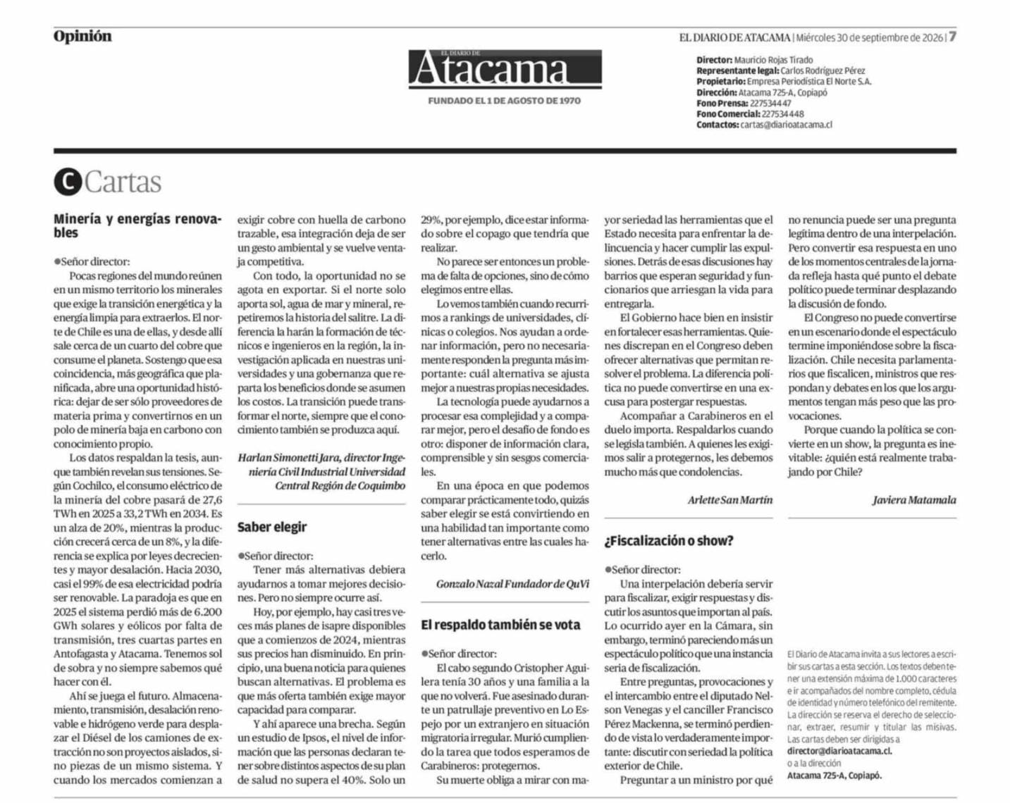Página de opinión de El Diario de Atacama con la carta Saber elegir, firmada por Gonzalo Nazal