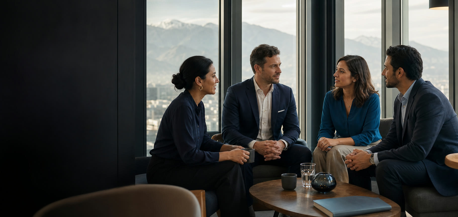 Profesionales conversando en una oficina de Santiago