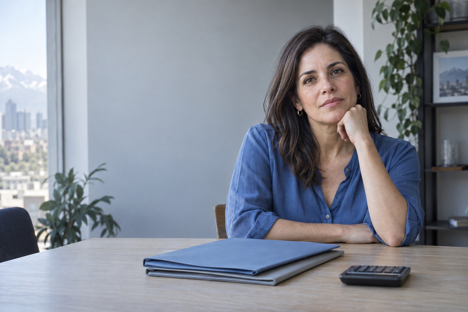 Una mujer considera sus opciones junto a dos carpetas y una calculadora