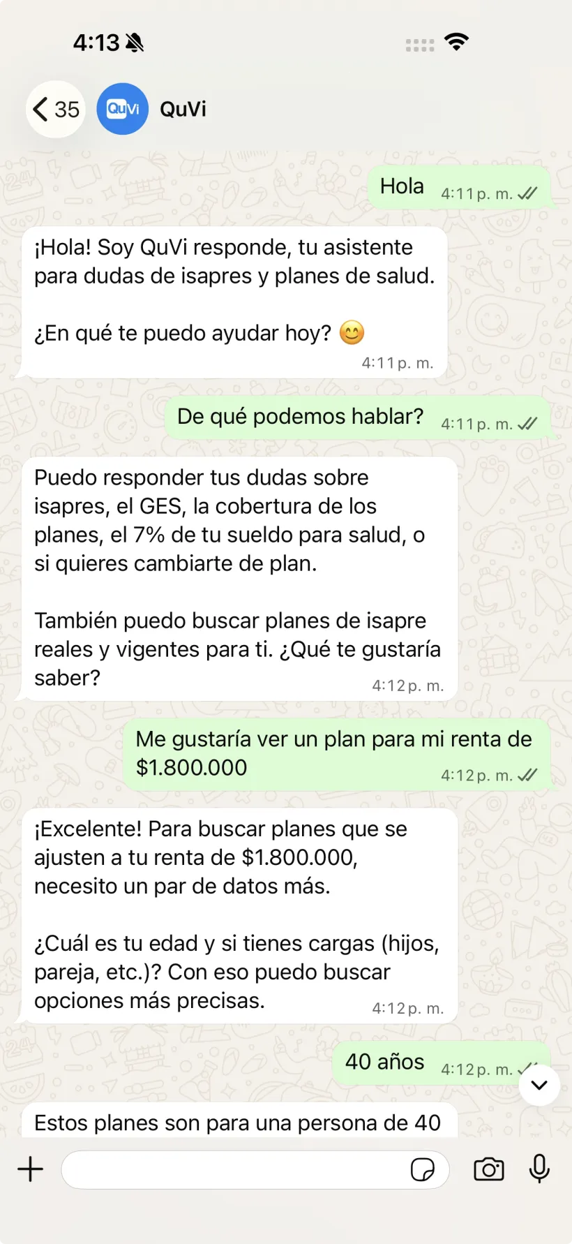 Conversación real con QuVi por WhatsApp: el bot responde dudas de isapres y busca planes reales