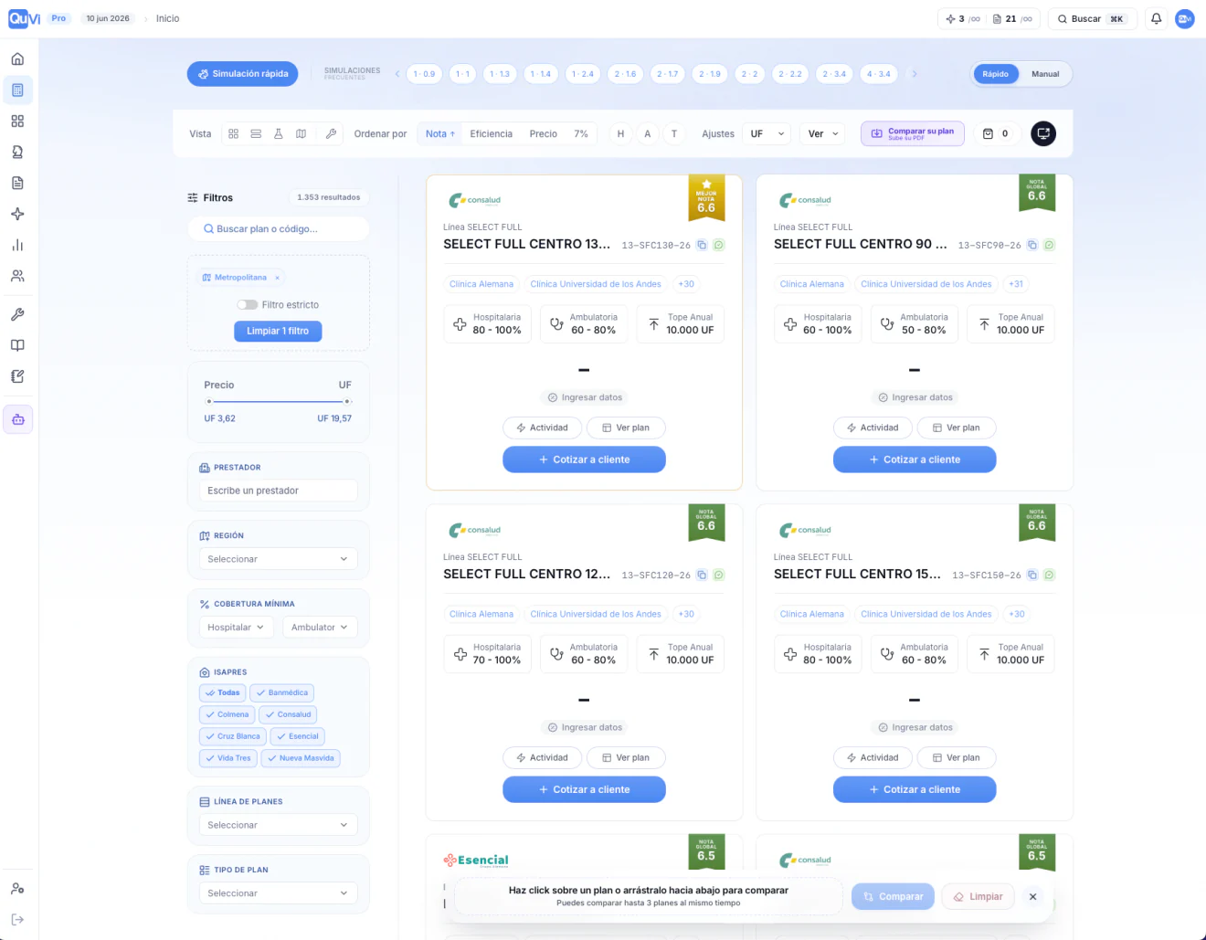 Simulador de QuVi Pro: planes de las 7 isapres ordenados por nota, listos para comparar