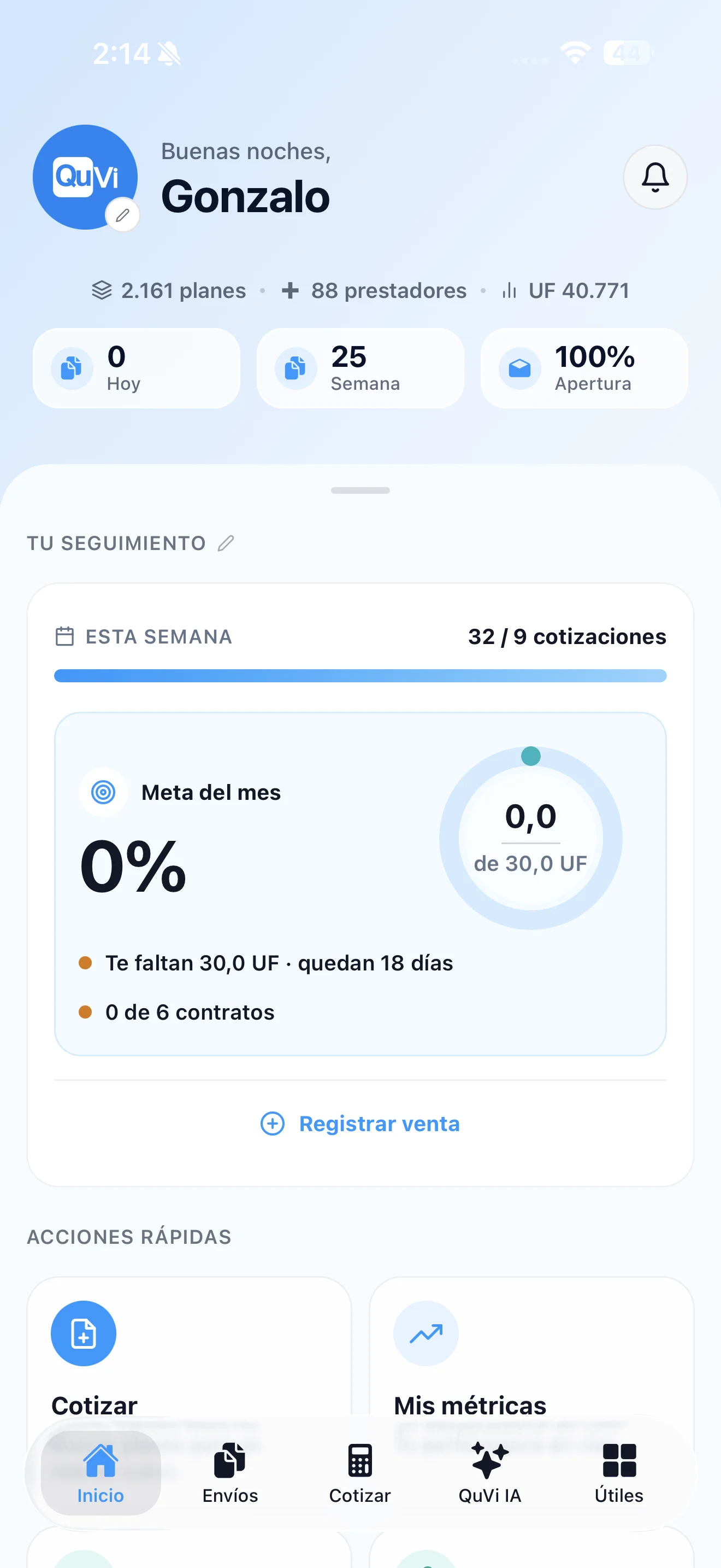 Resumen del día en la app de QuVi Pro: a cuántos llegaste y cómo va tu meta del mes