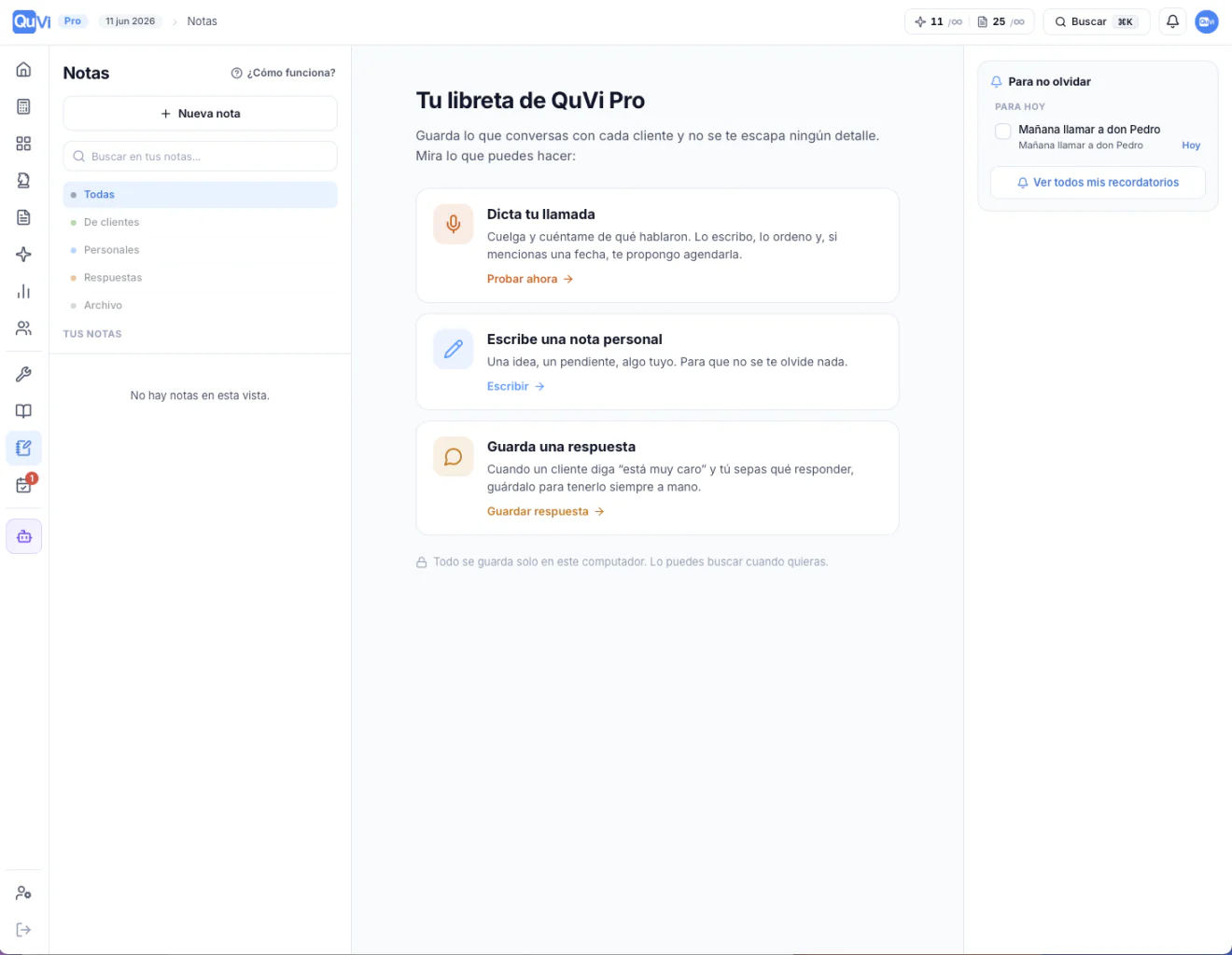 Notas con IA en QuVi Pro: apuntes locales y privados, con dictado por voz y botón para ordenarlas con IA