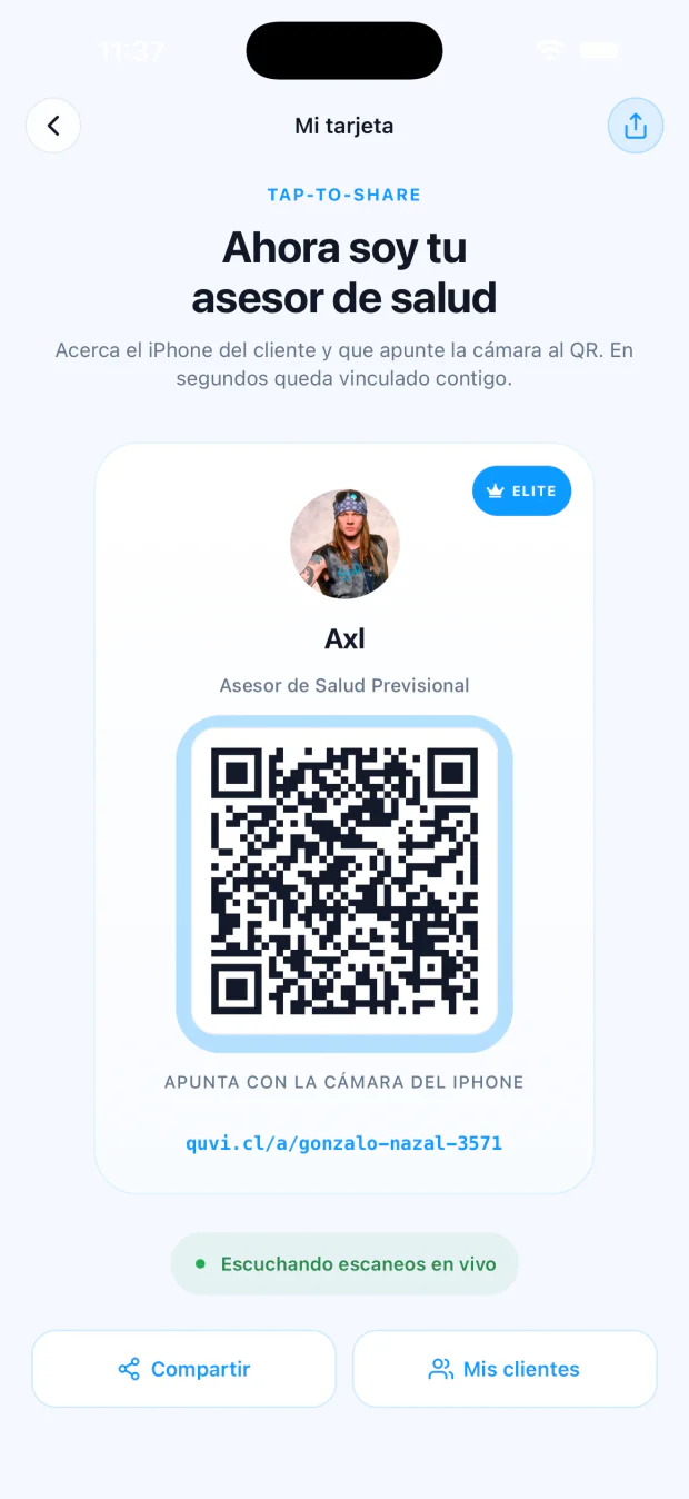 Pantalla Mi tarjeta de QuVi Pro: código QR para vincular clientes