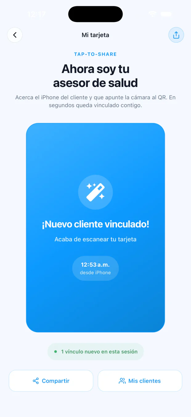 Pantalla Mis clientes de QuVi Pro: clientes vinculados por la tarjeta